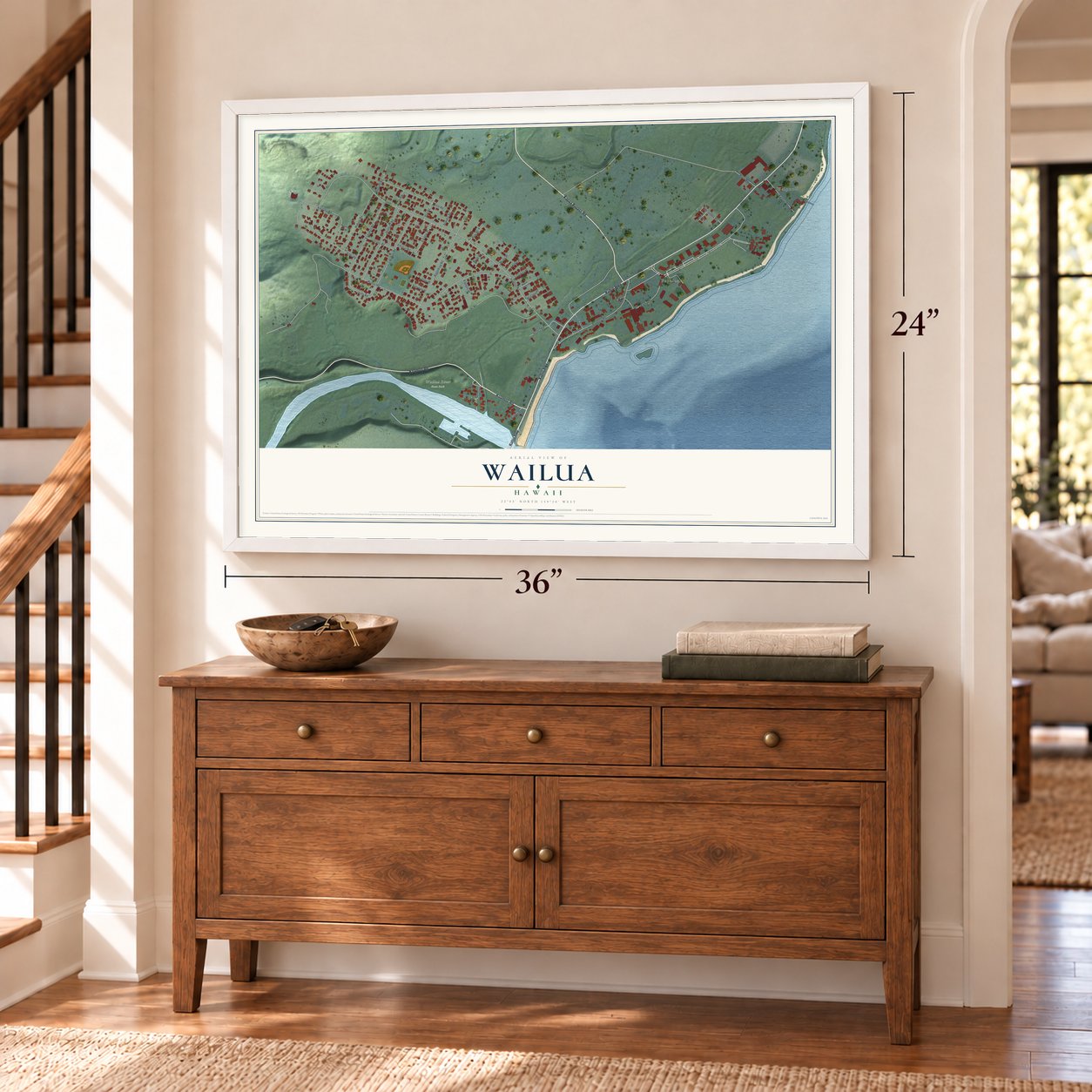 Wailua, Hawaii map, 24 x 36 inch print in a white frame above a dresser by a staircase