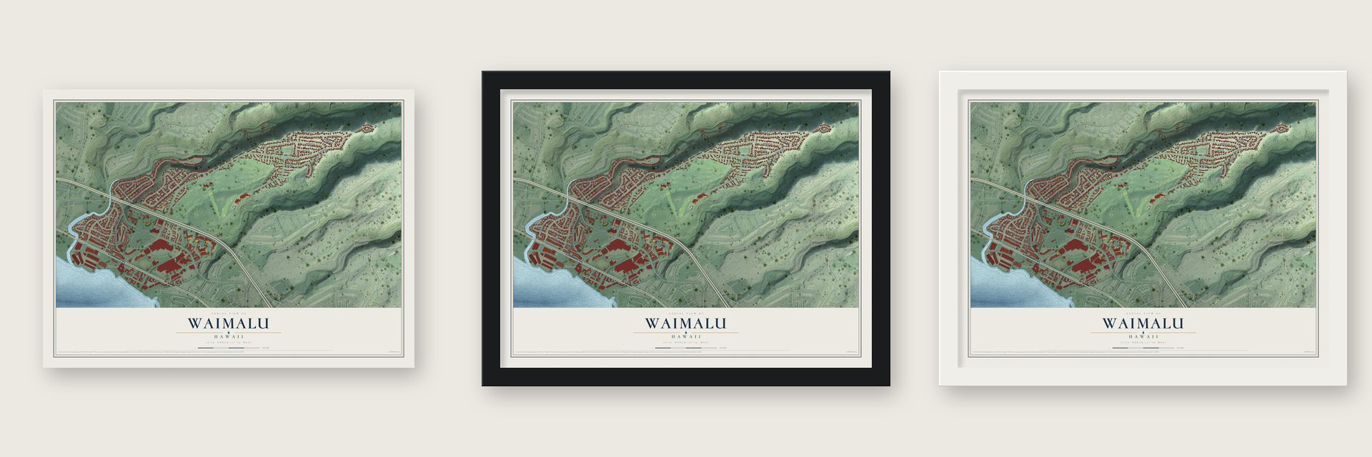 Waimalu, Hawaii map unframed, in a black wood frame and in a white wood frame