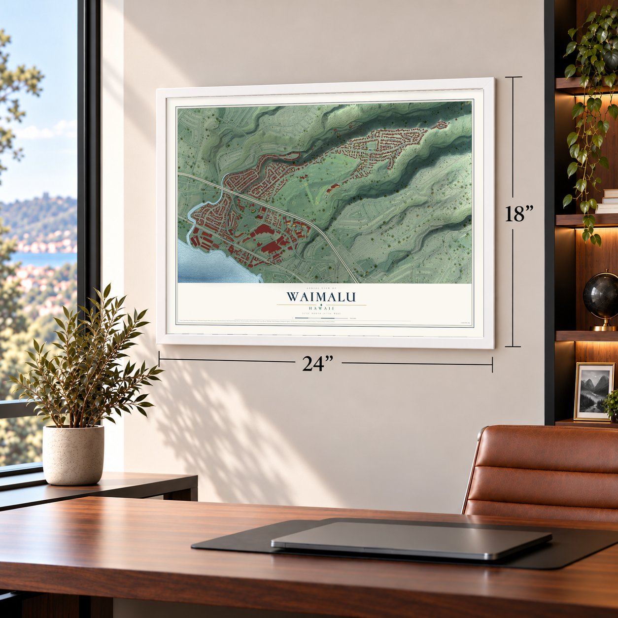 Waimalu, Hawaii map, 18 x 24 inch print in a white frame in a home office