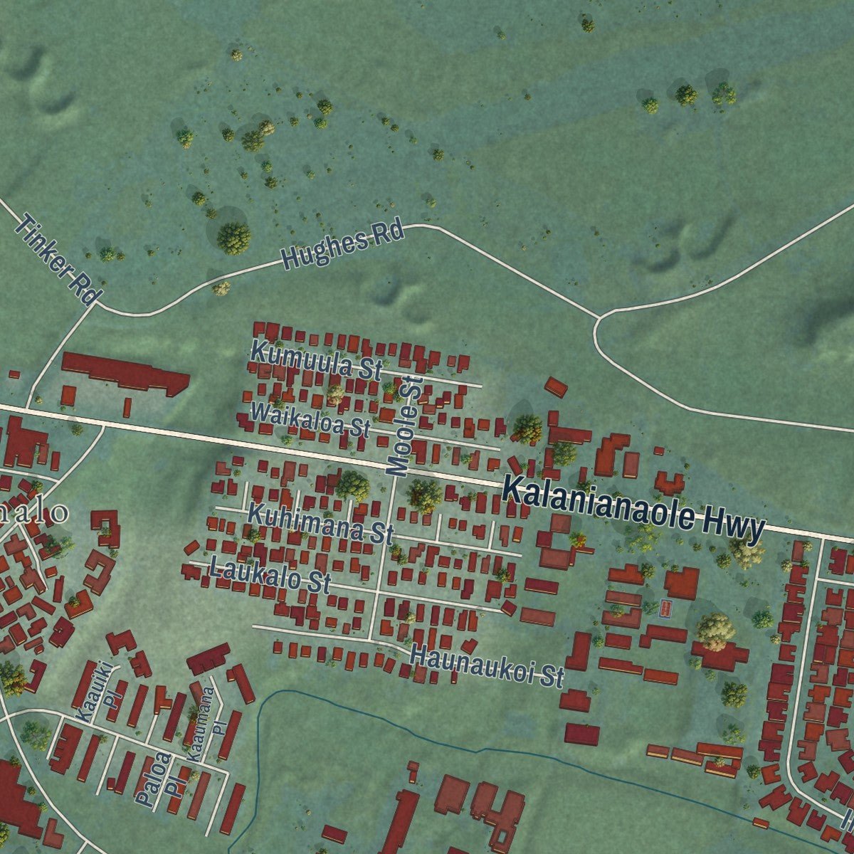Second close-up of the map of Waimanalo, Hawaii print showing more streets and buildings