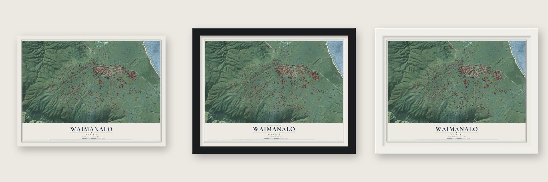 Waimanalo, Hawaii map unframed, in a black wood frame and in a white wood frame