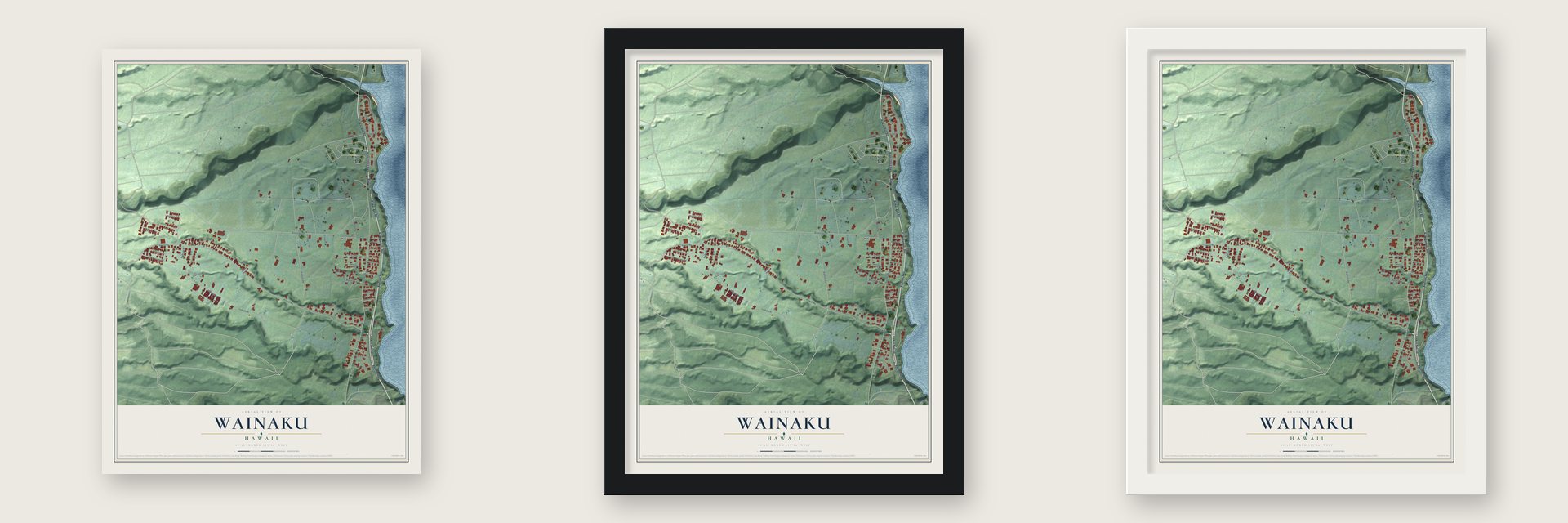 Wainaku, Hawaii map unframed, in a black wood frame and in a white wood frame