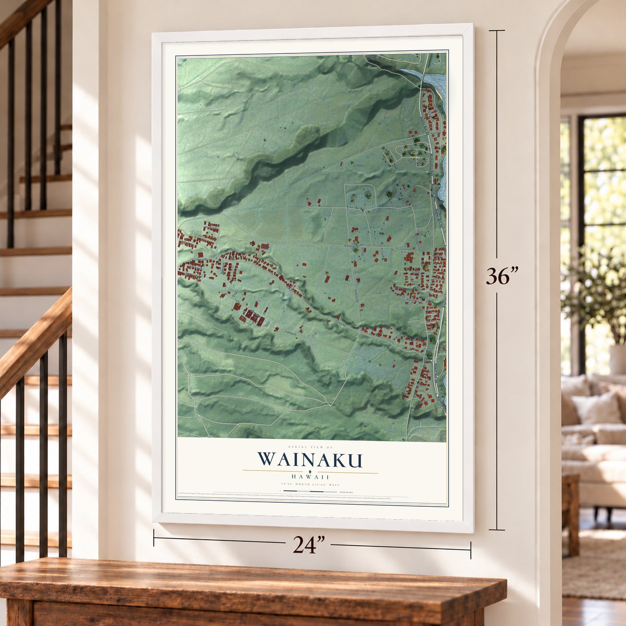 Wainaku, Hawaii map, 24 x 36 inch print in a white frame by a staircase