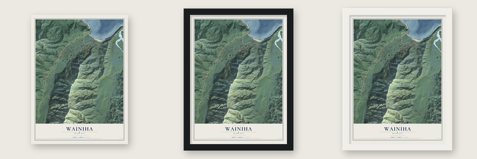 Wainiha, Hawaii map unframed, in a black wood frame and in a white wood frame