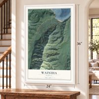 Wainiha, Hawaii map, 24 x 36 inch print in a white frame by a staircase