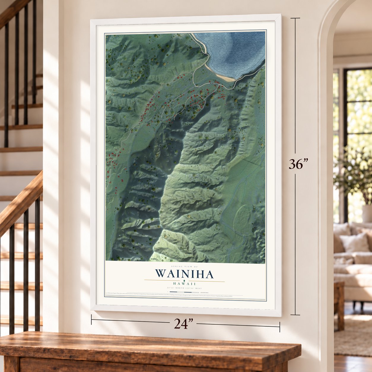 Wainiha, Hawaii map, 24 x 36 inch print in a white frame by a staircase