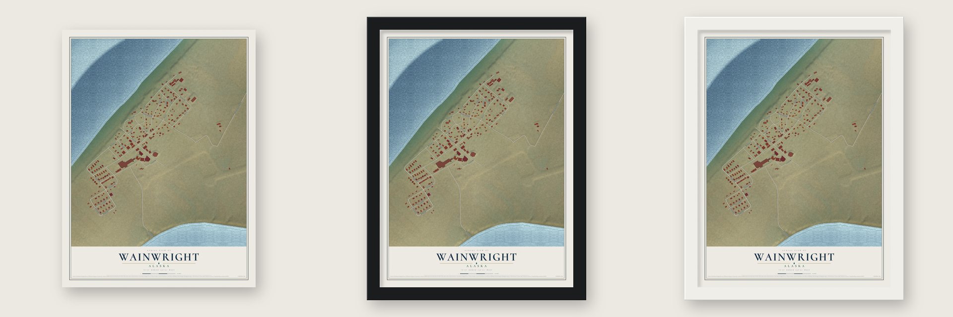 Wainwright, Alaska map unframed, in a black wood frame and in a white wood frame
