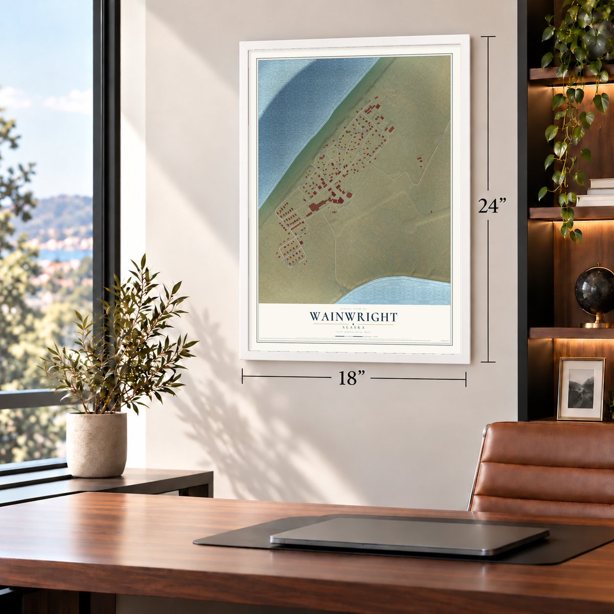 Wainwright, Alaska map, 18 x 24 inch print in a white frame in a home office
