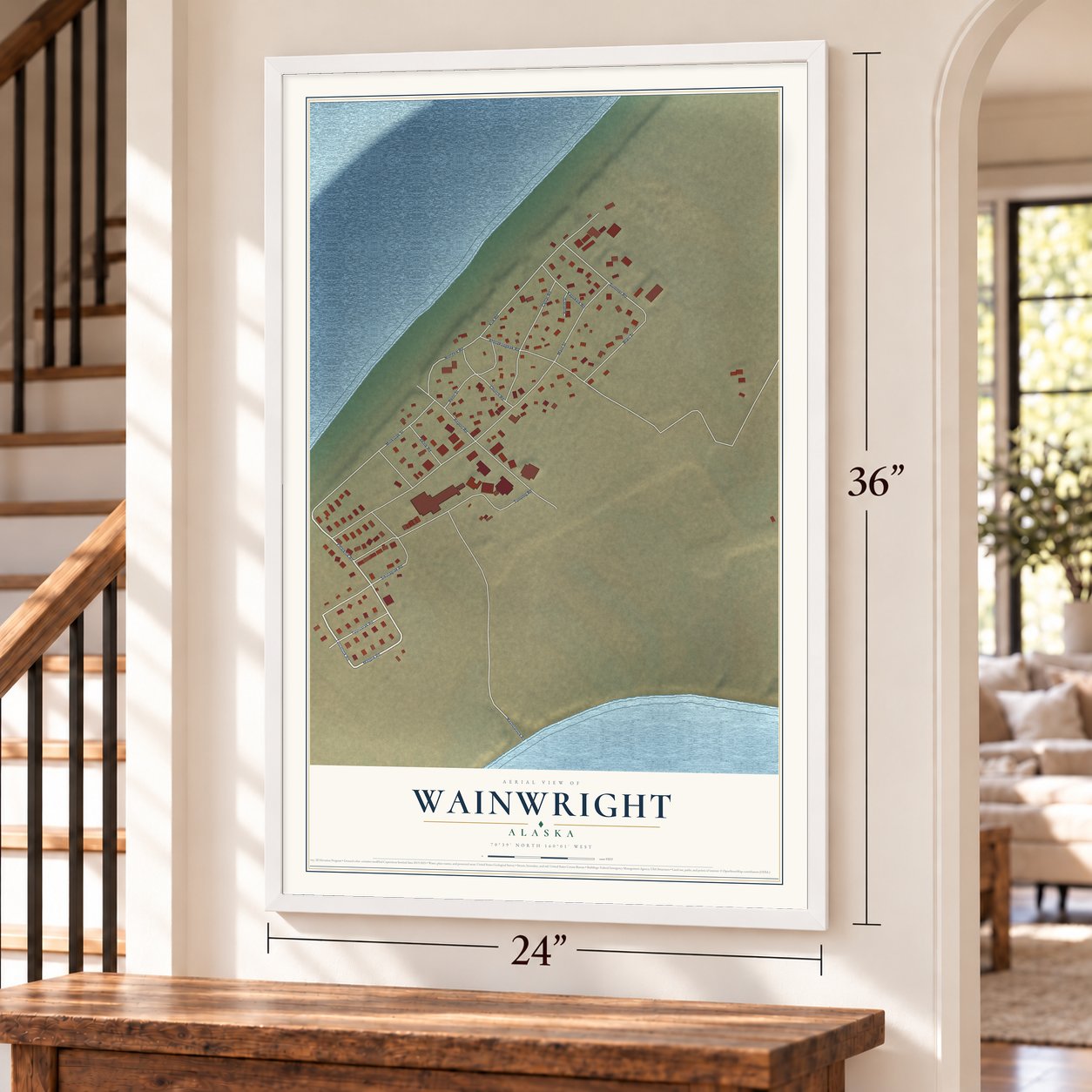 Wainwright, Alaska map, 24 x 36 inch print in a white frame by a staircase