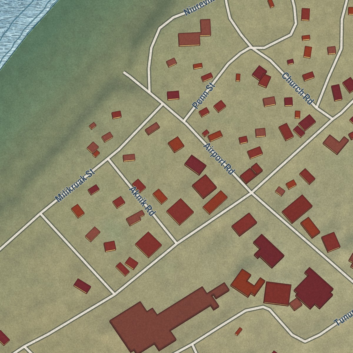 Second close-up of the map of Wainwright, Alaska print showing more streets and buildings