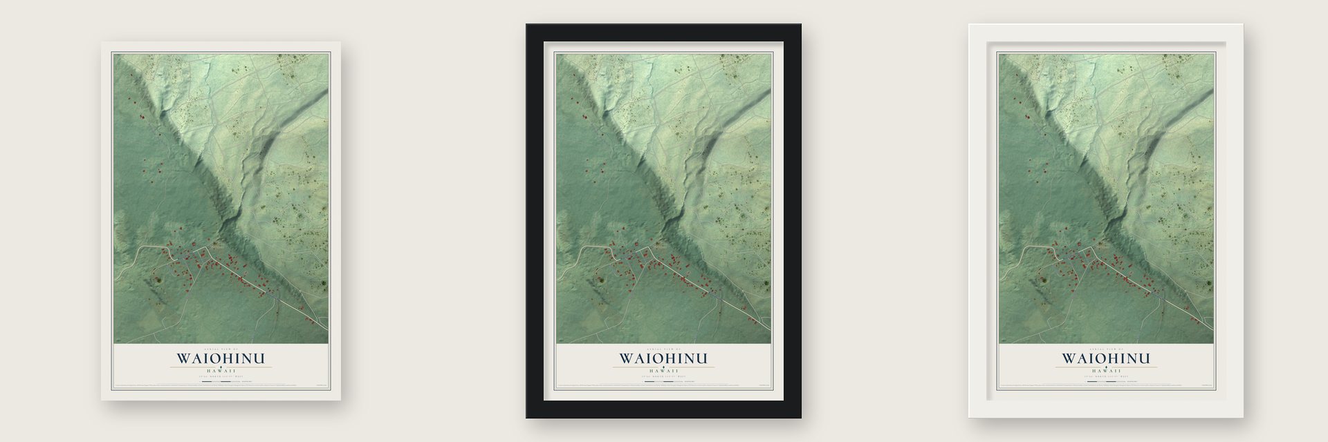Waiohinu, Hawaii map unframed, in a black wood frame and in a white wood frame