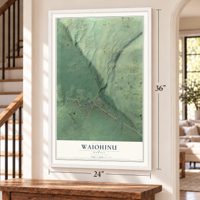 Waiohinu, Hawaii map, 24 x 36 inch print in a white frame by a staircase