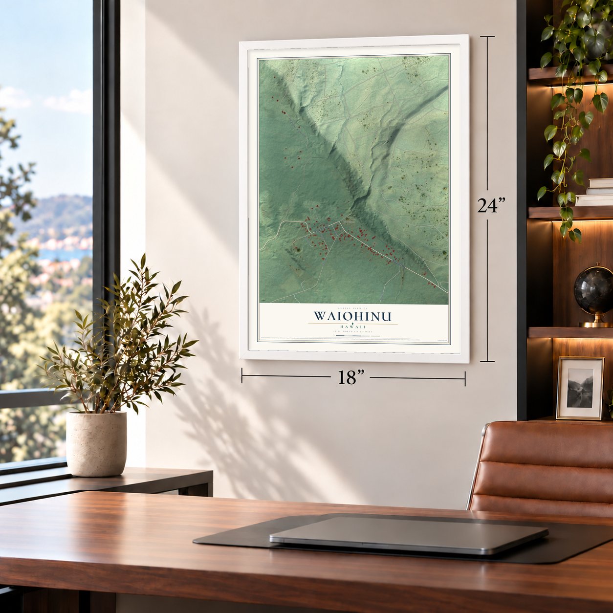 Waiohinu, Hawaii map, 18 x 24 inch print in a white frame in a home office