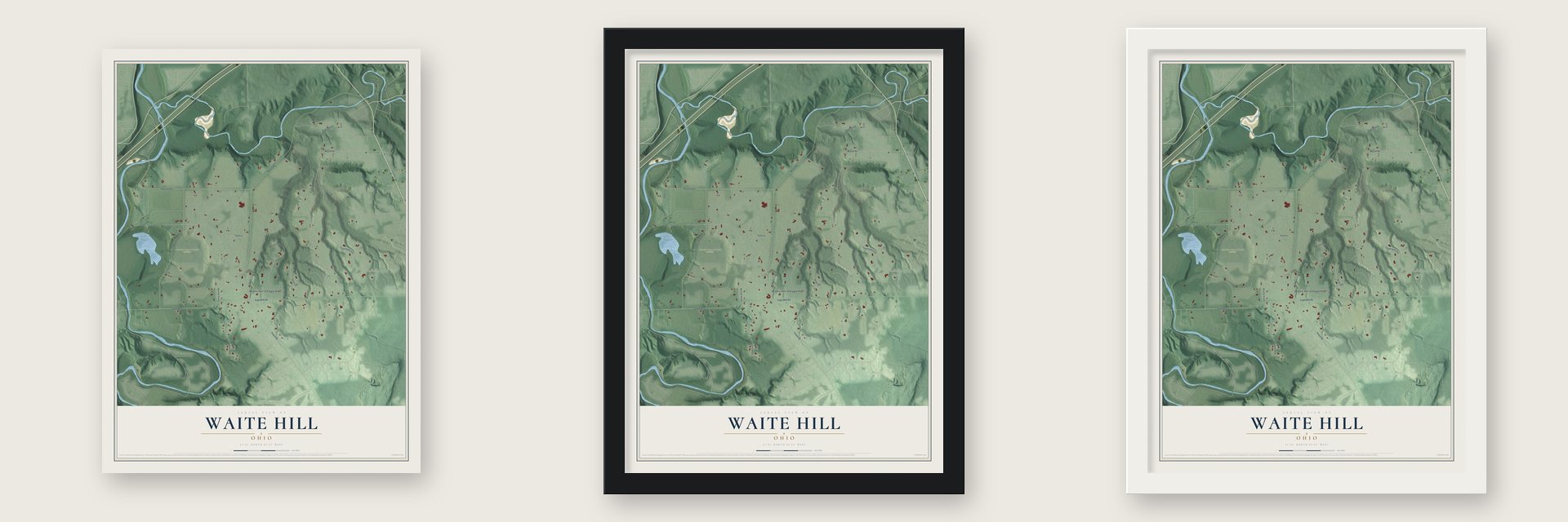 Waite Hill, Ohio map unframed, in a black wood frame and in a white wood frame
