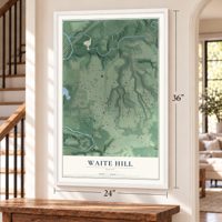 Waite Hill, Ohio map, 24 x 36 inch print in a white frame by a staircase