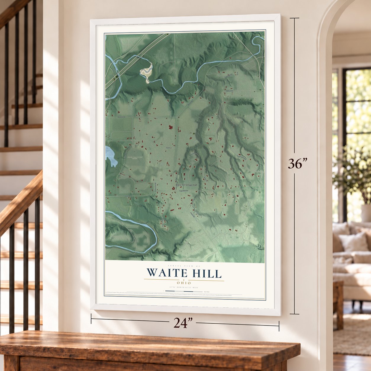 Waite Hill, Ohio map, 24 x 36 inch print in a white frame by a staircase