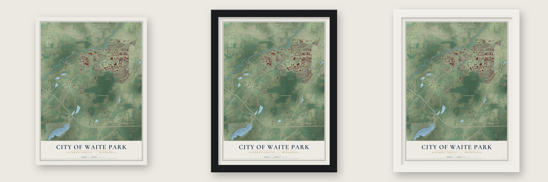 Waite Park, Minnesota map unframed, in a black wood frame and in a white wood frame
