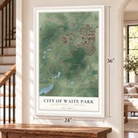 Waite Park, Minnesota map, 24 x 36 inch print in a white frame by a staircase