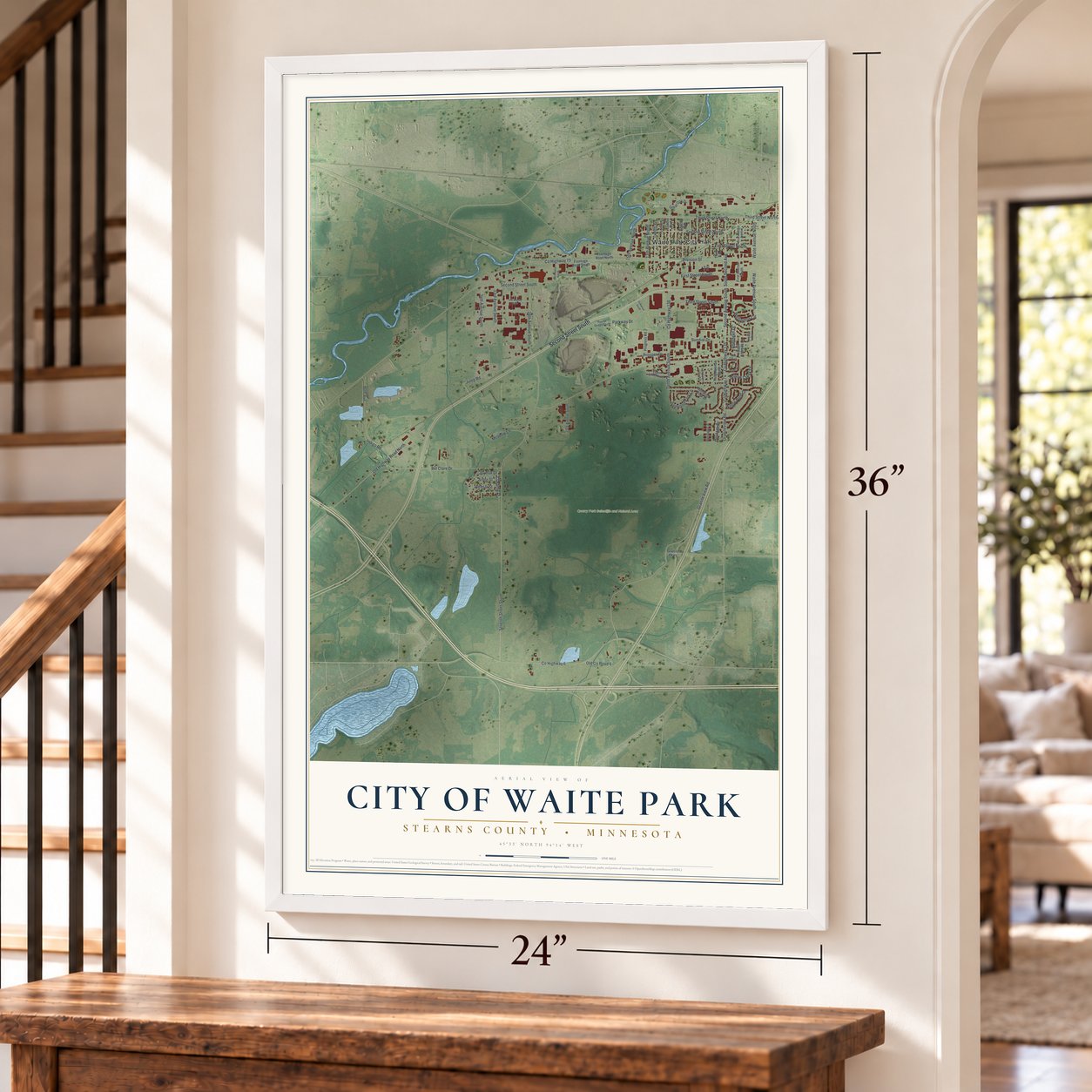 Waite Park, Minnesota map, 24 x 36 inch print in a white frame by a staircase