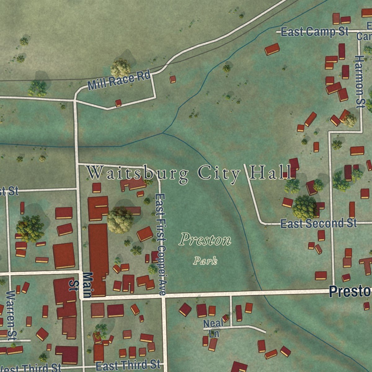 Second close-up of the map of Waitsburg, Washington print showing more streets and buildings