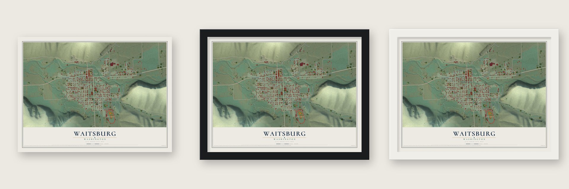 Waitsburg, Washington map unframed, in a black wood frame and in a white wood frame