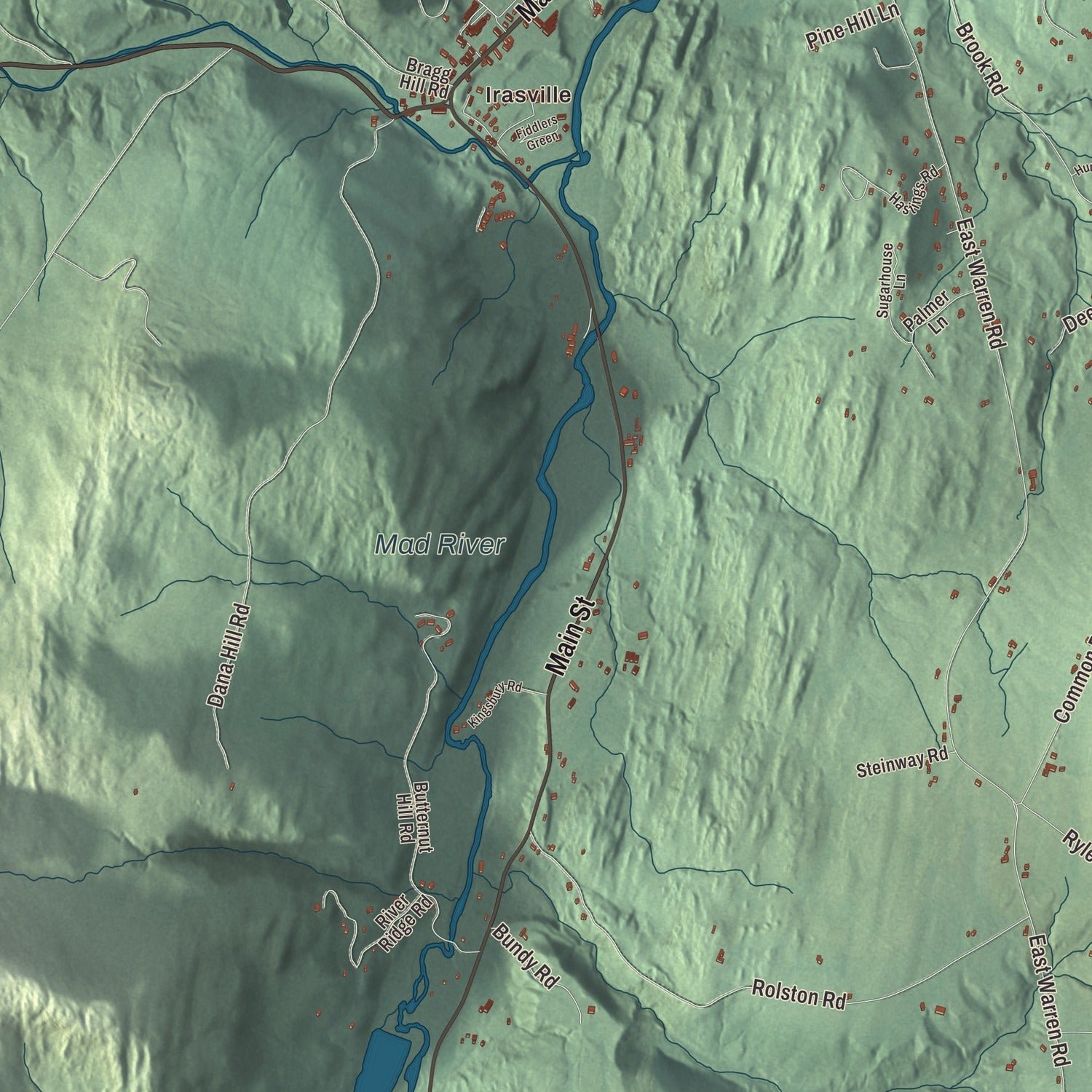 Close-up of the map of Waitsfield, Vermont print showing terrain and local geography