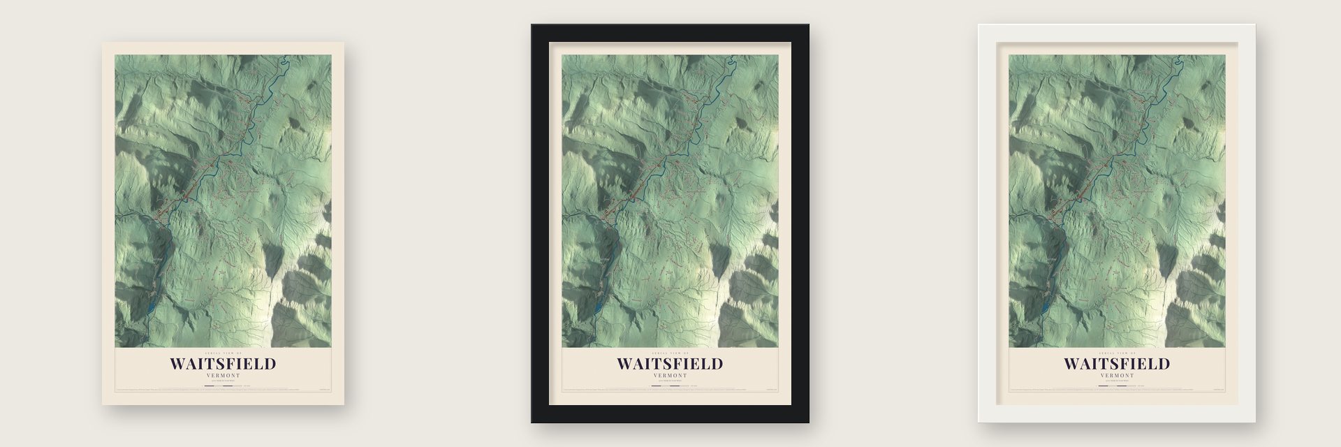 Waitsfield, Vermont map unframed, in a black wood frame and in a white wood frame