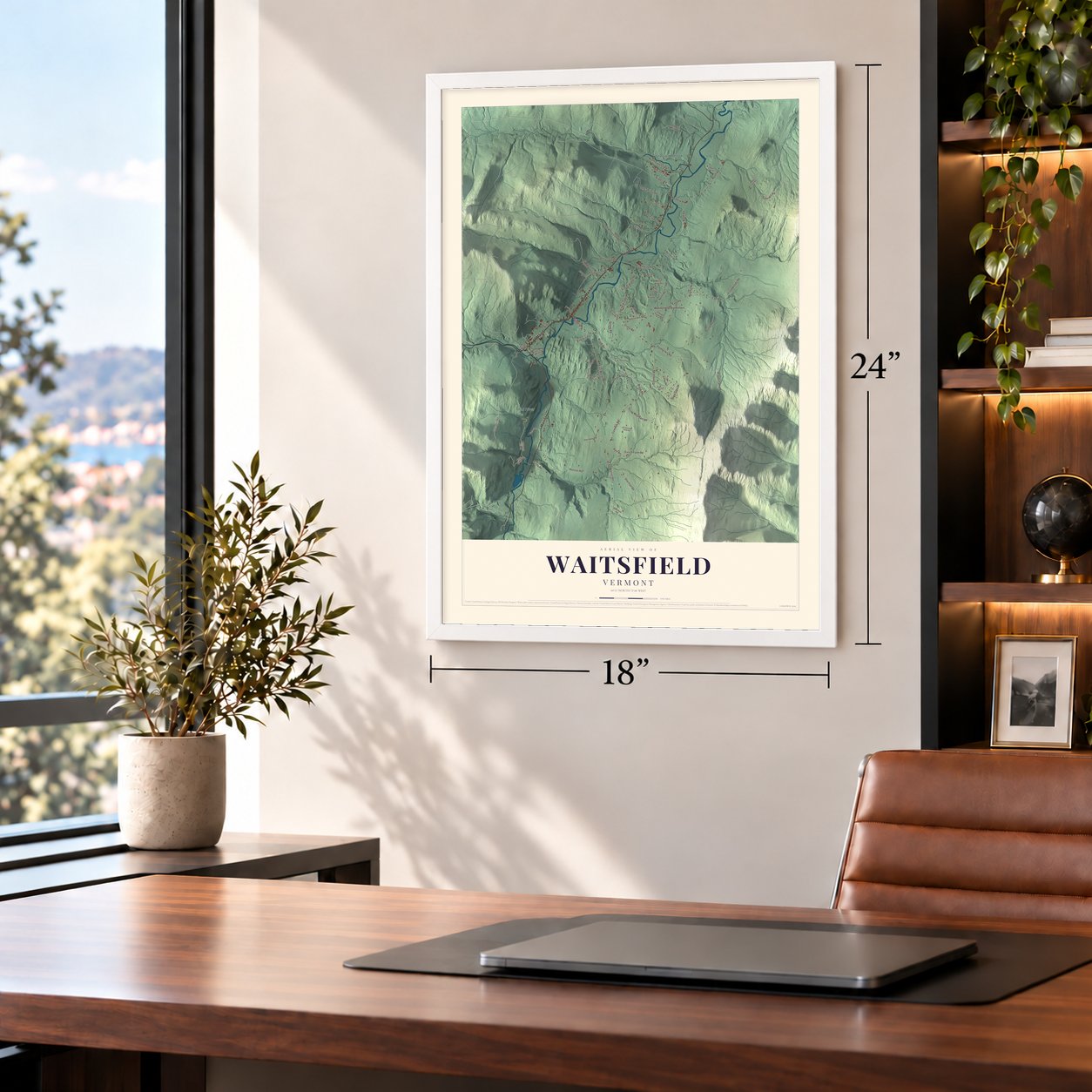 Waitsfield, Vermont map, 18 x 24 inch print in a white frame in a home office