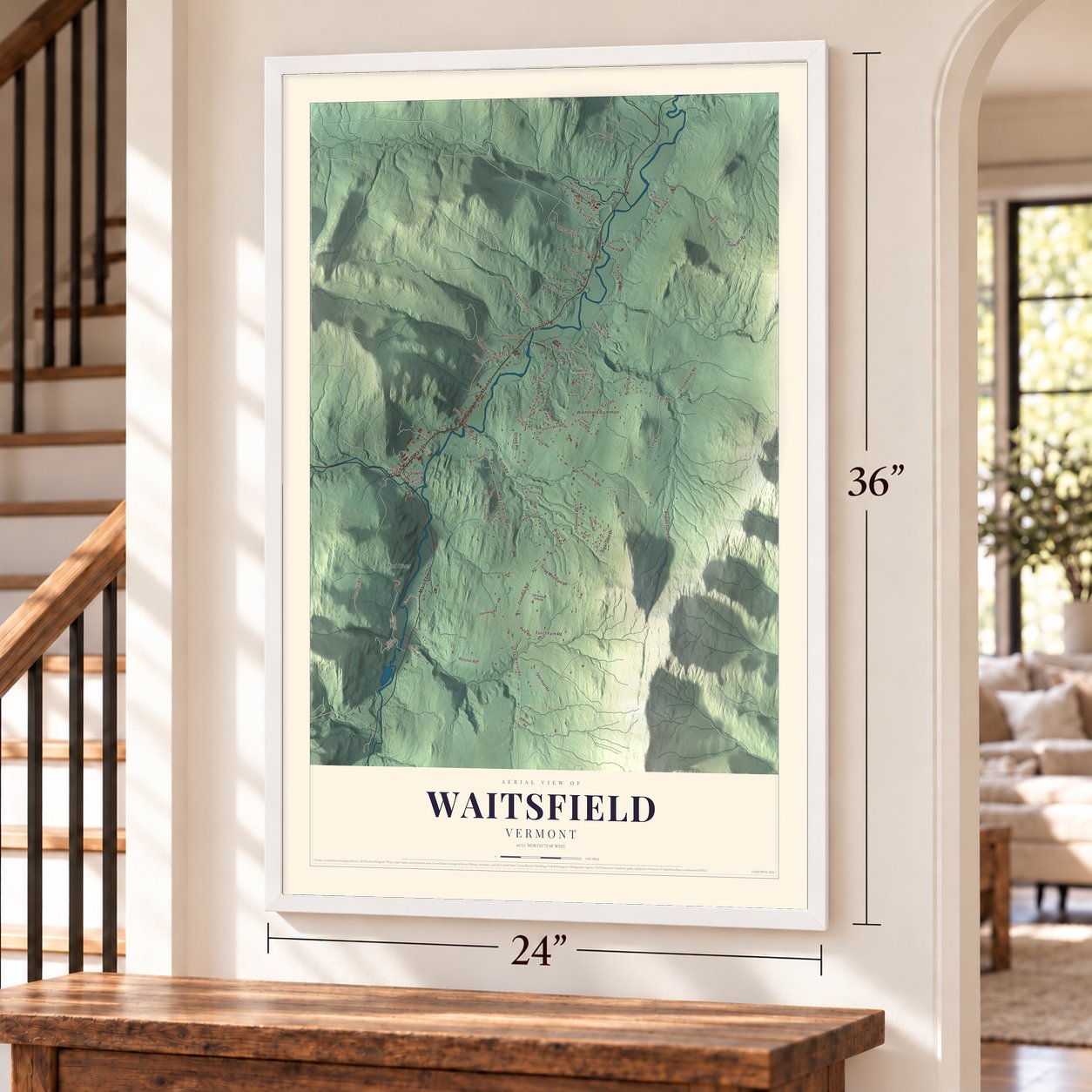 Waitsfield, Vermont map, 24 x 36 inch print in a white frame by a staircase