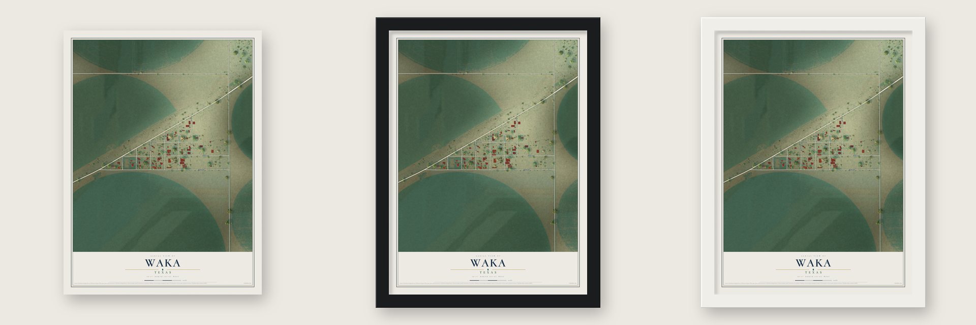 Waka, Texas map unframed, in a black wood frame and in a white wood frame
