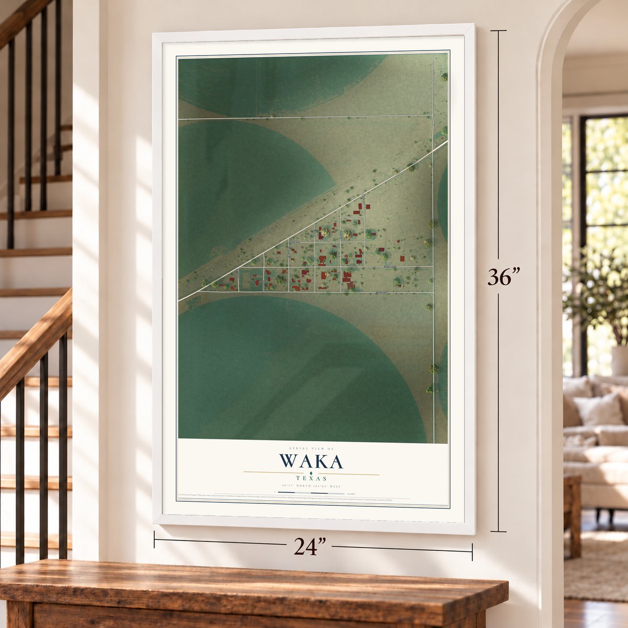 Waka, Texas map, 24 x 36 inch print in a white frame by a staircase
