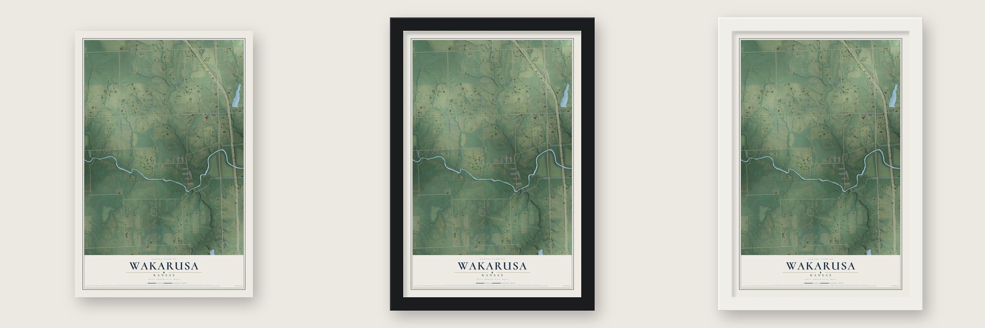 Wakarusa, Kansas map unframed, in a black wood frame and in a white wood frame