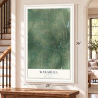 Wakarusa, Kansas map, 24 x 36 inch print in a white frame by a staircase