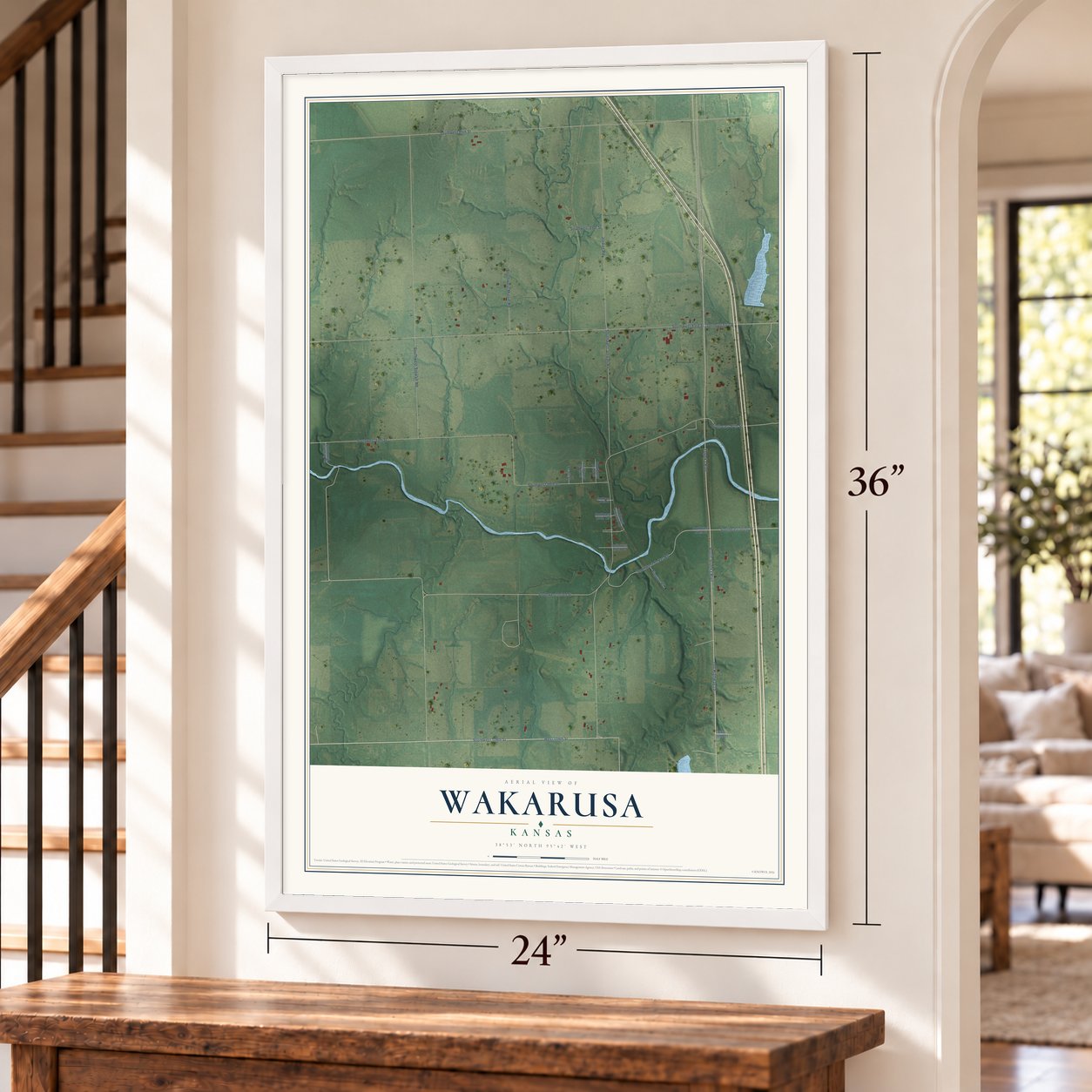 Wakarusa, Kansas map, 24 x 36 inch print in a white frame by a staircase