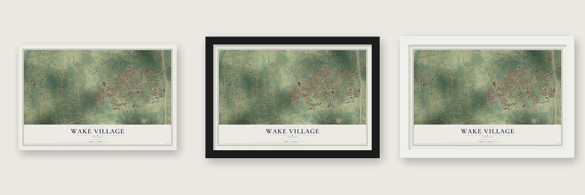 Wake Village, Texas map unframed, in a black wood frame and in a white wood frame