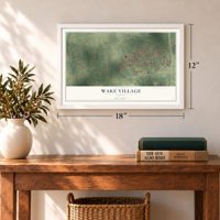 Wake Village, Texas map, 12 x 18 inch print in a white frame in an entryway