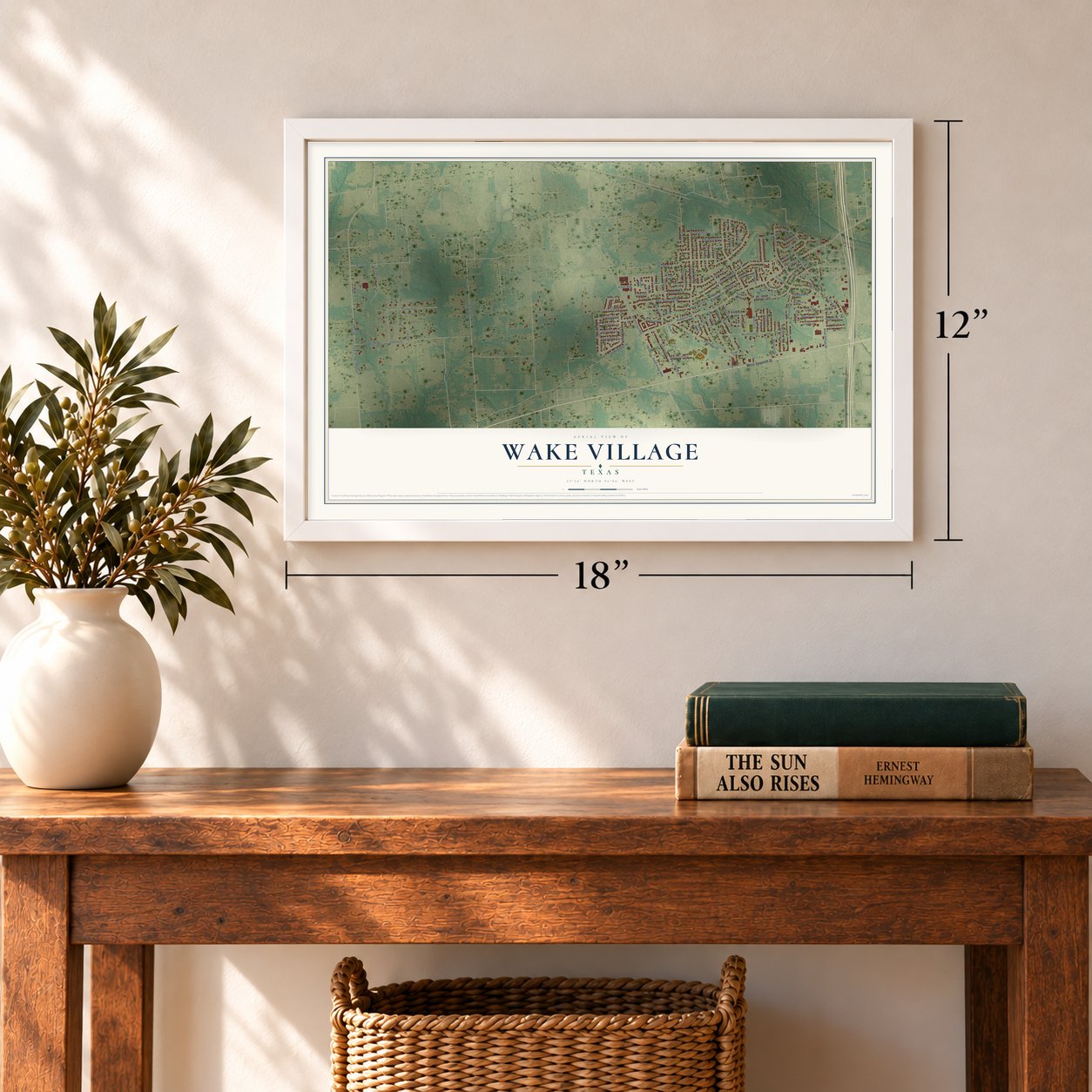 Wake Village, Texas map, 12 x 18 inch print in a white frame in an entryway