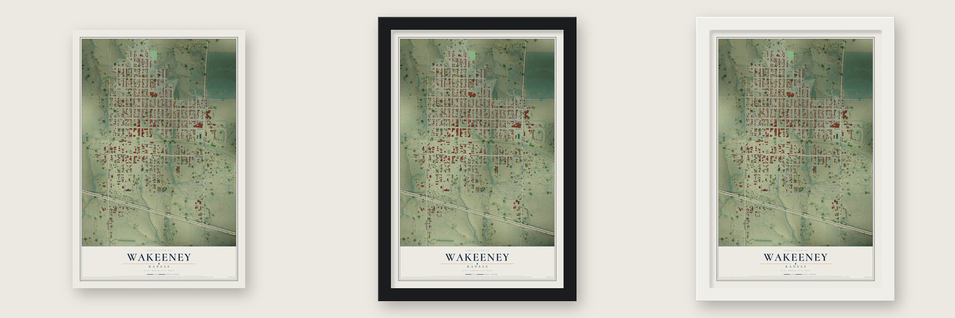 WaKeeney, Kansas map unframed, in a black wood frame and in a white wood frame