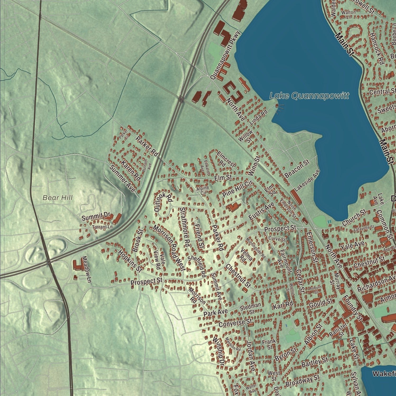 Close-up of the map of Wakefield, Massachusetts print showing terrain and local geography