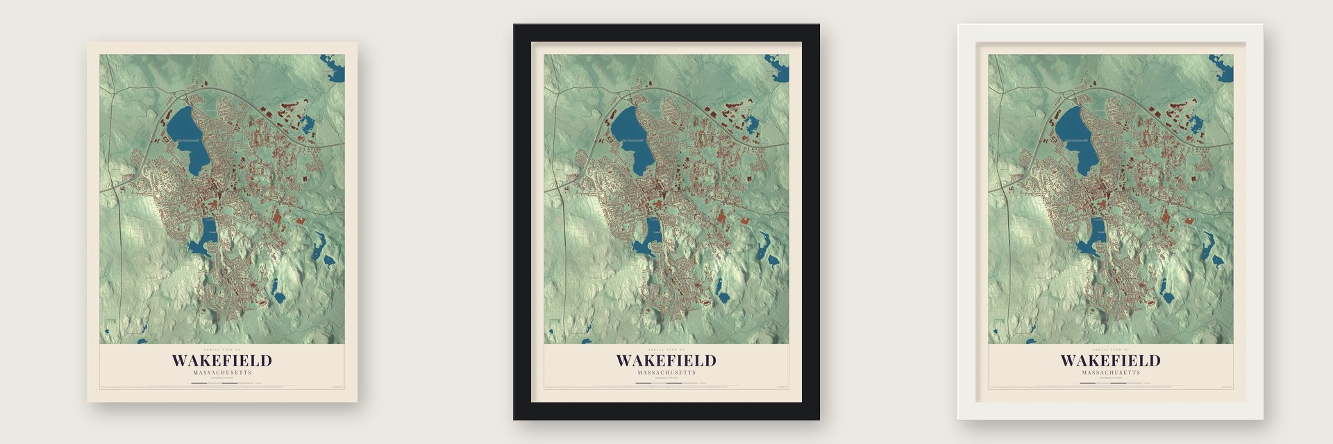 Wakefield, Massachusetts map unframed, in a black wood frame and in a white wood frame