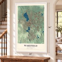 Wakefield, Massachusetts map, 24 x 36 inch print in a white frame by a staircase