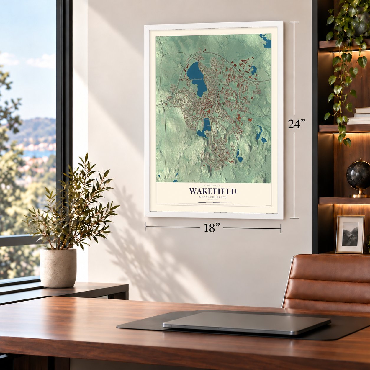 Wakefield, Massachusetts map, 18 x 24 inch print in a white frame in a home office