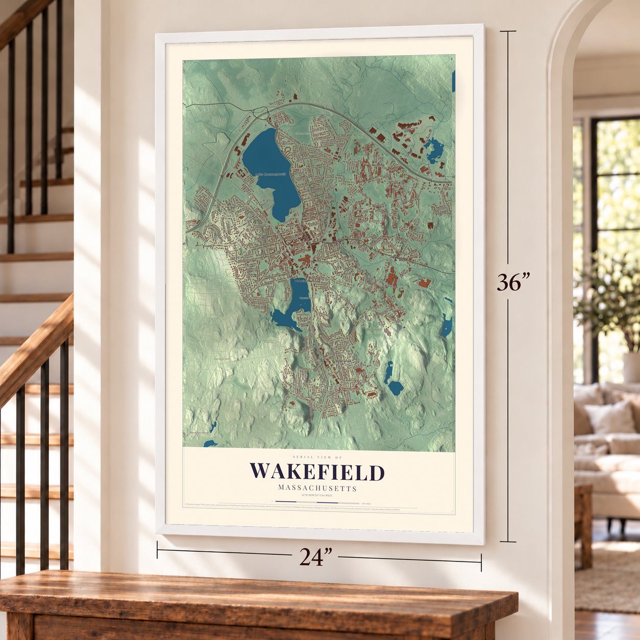 Wakefield, Massachusetts map, 24 x 36 inch print in a white frame by a staircase