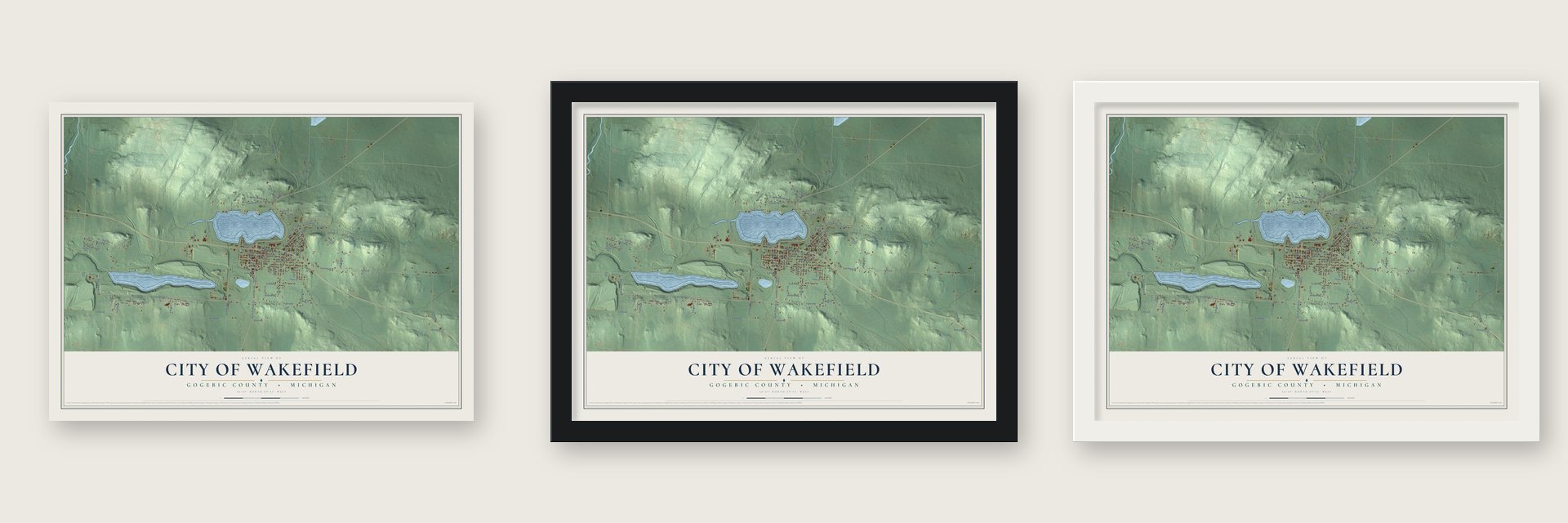 Wakefield, Michigan map unframed, in a black wood frame and in a white wood frame