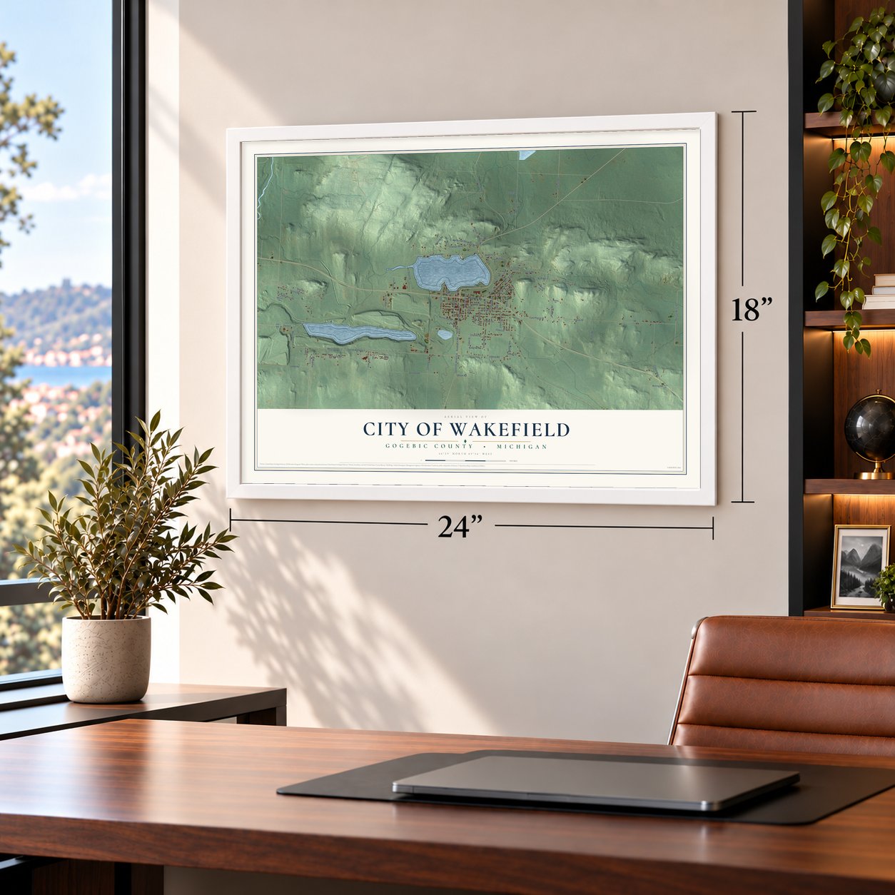 Wakefield, Michigan map, 18 x 24 inch print in a white frame in a home office