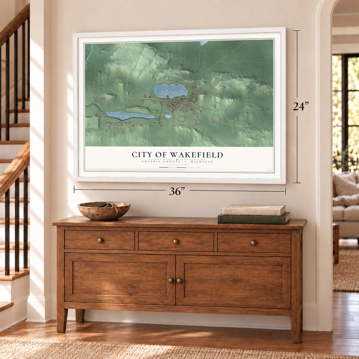 Wakefield, Michigan map, 24 x 36 inch print in a white frame above a dresser by a staircase