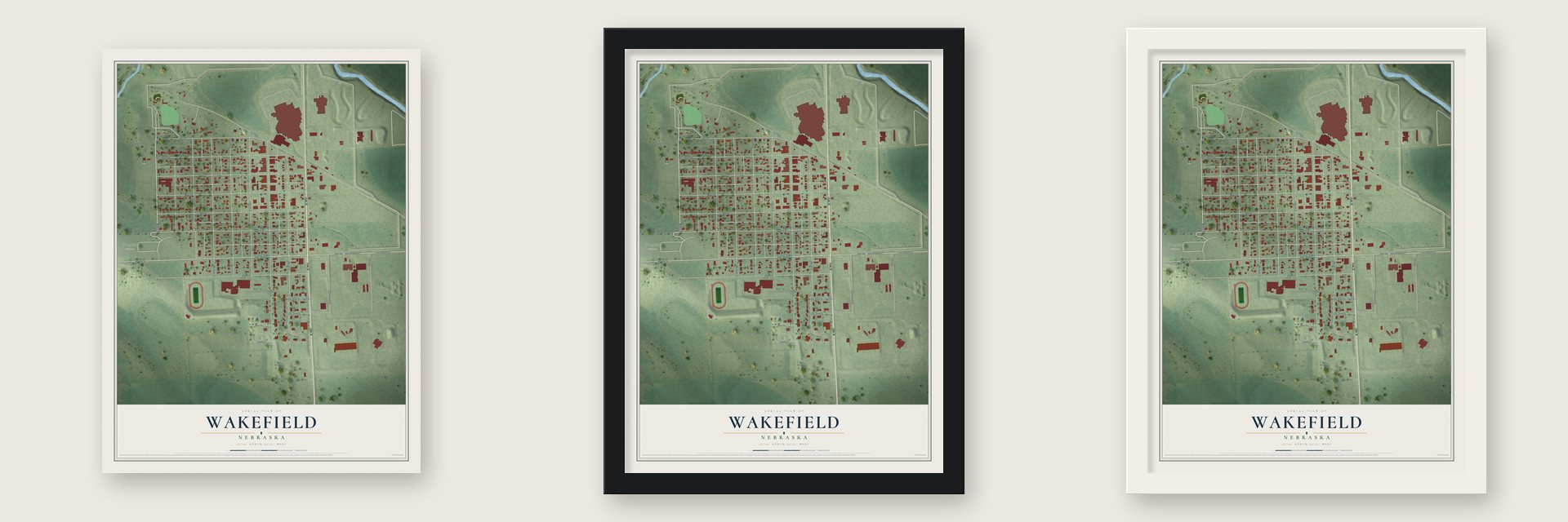 Wakefield, Nebraska map unframed, in a black wood frame and in a white wood frame