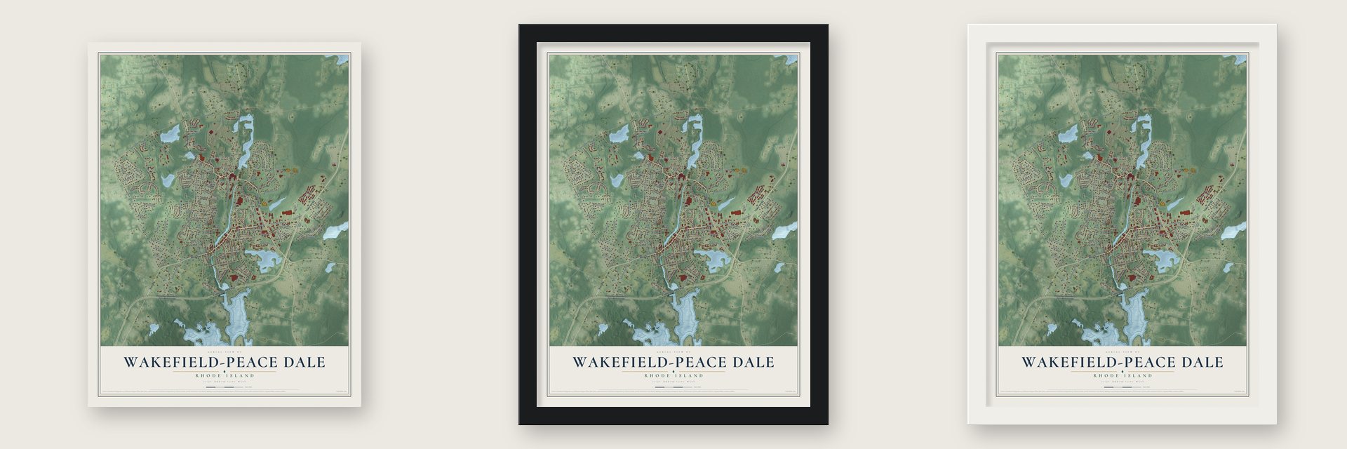 Wakefield-Peace Dale, Rhode Island map unframed, in a black wood frame and in a white wood frame