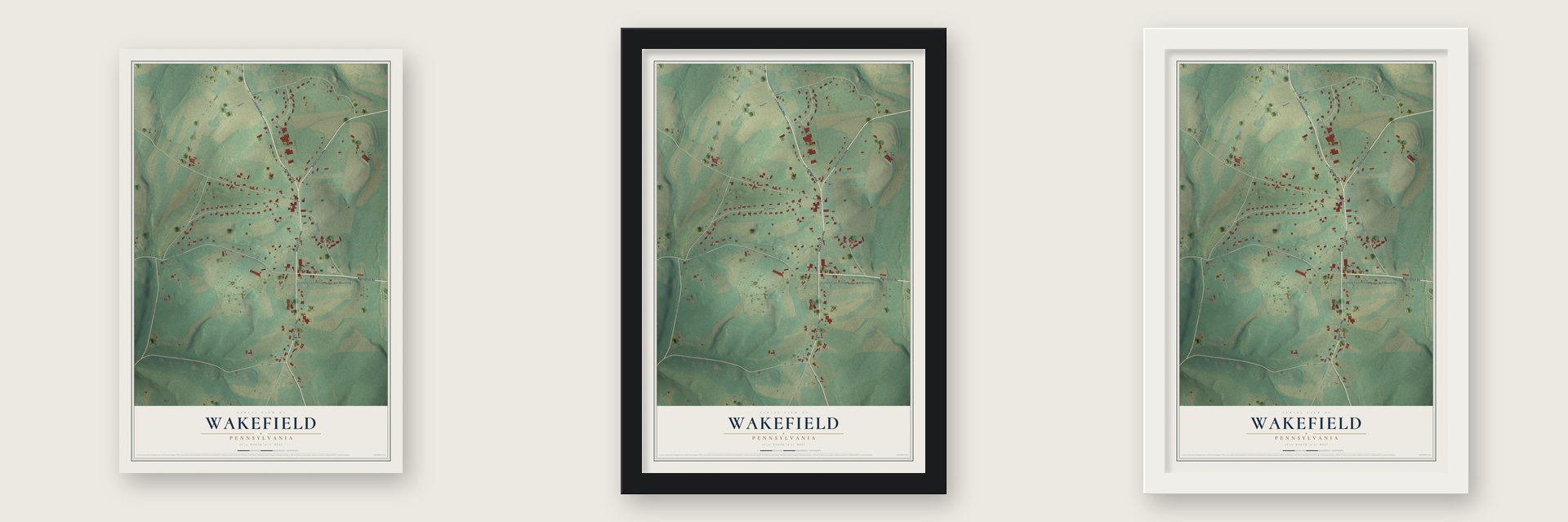 Wakefield, Pennsylvania map unframed, in a black wood frame and in a white wood frame