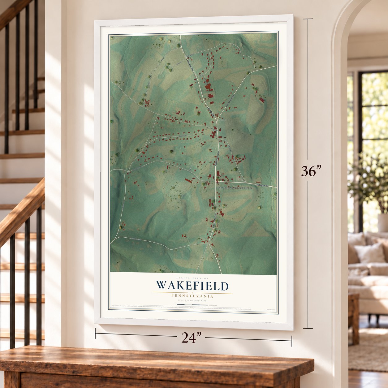 Wakefield, Pennsylvania map, 24 x 36 inch print in a white frame by a staircase